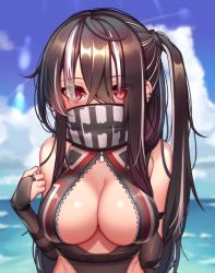 Rule 34 | 1girl, azur lane, bare shoulders, black bridal gauntlets, black gloves, black hair, black neckwear, black one-piece swimsuit, breasts, bridal gauntlets, cleavage, covered mouth, ear piercing, eyes visible through hair, front zipper swimsuit, gloves, hair between eyes, hand up, kaptivate, large breasts, long hair, looking at viewer, meme attire, multicolored hair, ocean, one-piece swimsuit, outdoors, piercing, red eyes, scarf, side ponytail, sky, sleeveless, solo, streaked hair, swimsuit, u-47 (azur lane), unzipped, upper body, water, white hair, zipper pull tab