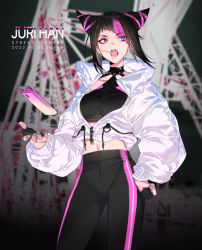 Rule 34 | 1girl, black hair, blue eyes, breasts, candy, dated, diagonal bangs, empew, eyes visible through hair, fingerless gloves, food, gloves, hair horns, half gloves, halterneck, han juri, hand on own hip, heterochromia, lollipop, medium breasts, medium hair, midriff, mouth hold, navel, open mouth, partially unzipped, pink hair, red eyes, solo, standing, street fighter
