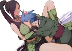 Rule 34 | 1boy, 1girl, bare shoulders, bead necklace, beads, between breasts, black shorts, black tank top, blue hair, boots, breast smother, breasts, bustier, camus (dq11), choker, cross-laced footwear, dragon quest, dragon quest xi, earrings, face to breasts, fingerless gloves, gloves, green choker, green footwear, green skirt, hair over one eye, halterneck, hand on another&#039;s head, head between breasts, height difference, hetero, highres, hoop earrings, hug, jewelry, lace-up boots, large breasts, long hair, martina (dq11), necklace, netorare, o-ring, o-ring top, overskirt, ponytail, purple eyes, purple hair, purumetal, shorts, skirt, smile, tall female, tank top, thighs, very long hair