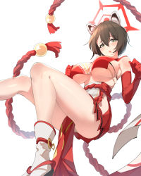 1girl :o animal_ears black_hair blue_archive blush breasts crop_top crop_top_overhang deatheach elbow_gloves gloves green_eyes hair_between_eyes halo highres japanese_clothes large_breasts okobo open_mouth pelvic_curtain red_gloves sailor_collar sandals short_hair simple_background skirt solo tabi thighs tsubaki_(blue_archive) underboob white_background