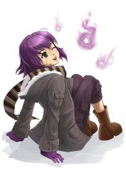 Rule 34 | 1girl, absurdres, boots, borrowed character, full body, fur trim, ghost, gloves, green eyes, highres, hitodama, isabelle (acerailgun), jastersin21, one eye closed, original, purple hair, scarf, shadow, simple background, sitting, smile, solo, striped clothes, striped scarf, white background