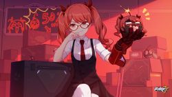 Rule 34 | 1girl, black skirt, bomb, box, collared shirt, explosive, frederica nikola tesla, gauntlets, glasses, grin, hair ribbon, head rest, highres, honkai (series), honkai impact 3rd, long hair, looking at viewer, necktie, official art, pantyhose, pleated skirt, red-framed eyewear, red eyes, red hair, red theme, ribbon, shirt, short sleeves, sitting, skirt, smile, solo, twintails, underbust, v-shaped eyebrows, white pantyhose, white shirt