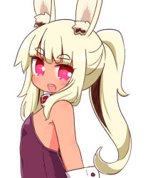 Rule 34 | 1girl, :d, animal ear fluff, animal ears, bare shoulders, blonde hair, blush, collar, commentary request, etrian odyssey, fake animal ears, heart, heart-shaped pupils, highres, leotard, long hair, looking at viewer, looking to the side, masurao (sekaiju), naga u, open mouth, pink eyes, playboy bunny, ponytail, purple leotard, rabbit ears, red collar, sekaiju no meikyuu, sekaiju no meikyuu 5, sidelocks, simple background, smile, solo, strapless, strapless leotard, symbol-shaped pupils, tan, teeth, thick eyebrows, upper teeth only, white background, wrist cuffs