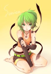 Rule 34 | 1girl, arm warmers, bare shoulders, barefoot, belt, breasts, character name, cleavage, earrings, full body, gloves, green hair, jewelry, kneeling, medium breasts, rojiko, seiza, shorts, side ponytail, simple background, sitting, solo, sonika, star (symbol), strap, typo, vocaloid