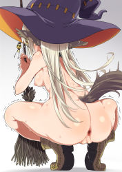 Rule 34 | 1girl, animal ears, anus, ass, blonde hair, boots, breasts, broom, brown footwear, cleft of venus, earrings, from behind, gradient background, hat, heart, holding, holding broom, jewelry, kounosu satori, long hair, mavi-chan, mavi-chan no junan, medium breasts, nipples, nude, platinum blonde hair, pussy, pussy juice, shiny skin, silver hair, solo, spread anus, spread legs, squatting, tail, thighs, trembling, witch, witch hat