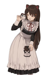 Rule 34 | 1girl, :d, apron, black dress, brown eyes, brown hair, dress, heterochromia, highres, ibuki (ibuki0118), inui toko, inui toko (7th costume), leaning forward, long hair, long sleeves, looking to the side, maid, neck ribbon, nijisanji, open mouth, red eyes, ribbon, simple background, smile, solo, very long hair, virtual youtuber, white apron, white background