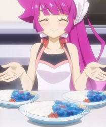 Rule 34 | 1girl, alternate hairstyle, bare shoulders, breasts, closed eyes, cooking, food, highres, kirishima romin, lips, long hair, one eye closed, ponytail, purple hair, screencap, shirt, sleeveless, sleeveless shirt, small breasts, smile, solo, standing, table, third-party edit, upper body, very long hair, wink, yu-gi-oh!, yu-gi-oh! sevens