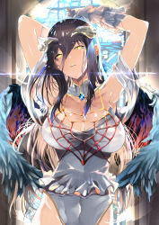 Rule 34 | 1girl, albedo (overlord), armpits, bare shoulders, black feathers, black hair, black wings, breasts, cleavage, demon girl, demon horns, demon wings, detached collar, dress, feathered wings, feathers, gloves, grey horns, hair between eyes, head tilt, highres, hip vent, horns, indoors, jewelry, large breasts, low wings, necklace, overlord (maruyama), slit pupils, solo, standing, thighs, white dress, white gloves, window, wings, yellow eyes, yuu (asaiyuji)
