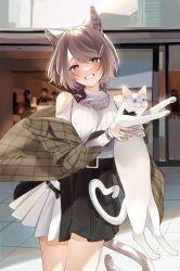 Rule 34 | 1girl, animal ears, apron, bare shoulders, belt, blue eyes, bow, bowtie, breasts, brown hair, cat, cat ears, cat girl, cat tail, faceless, fang, fang out, grin, hair ornament, highres, indie virtual youtuber, looking at viewer, necktie, ninomiya suteneko, purple eyes, sino42, skirt, smile, solo focus, tail, virtual youtuber