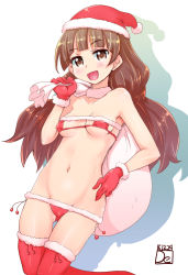 Rule 34 | 1girl, :d, amanogawa kirara, blush, breasts, brown eyes, brown hair, christmas, covered erect nipples, dated, de (deys), gloves, go! princess precure, hat, highres, long hair, open mouth, precure, red gloves, red thighhighs, santa gloves, santa hat, small breasts, smile, solo, thighhighs, twintails