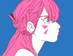 Rule 34 | 1girl, alternate hairstyle, bare shoulders, blue background, braid, closed mouth, d.va (overwatch), facepaint, facial mark, female focus, french braid, from side, hu (saimens), lips, long hair, looking to the side, monochrome, overwatch, overwatch 1, pink eyes, pink hair, pink lips, portrait, profile, simple background, solo, spot color, whisker markings