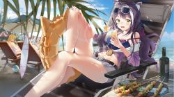 Rule 34 | 3girls, animal ear fluff, animal ears, bare legs, bare shoulders, barefoot, beach, beach umbrella, belt, bikini, bikini top only, blonde hair, blue bikini, blush, bodhi wushushenghua, bow, cat ears, cat girl, cat tail, chair, chinese commentary, cloud, cloudy sky, commentary request, day, drink, drinking straw, eyebrows hidden by hair, food, fruit, green eyes, hair between eyes, hair bow, hair ornament, hand on own knee, highres, holding, holding drink, innertube, juice, karyl (princess connect!), karyl (summer) (princess connect!), kebab, kokkoro (princess connect!), kokkoro (summer) (princess connect!), lemon, long hair, looking at viewer, lounge chair, lying, midriff, multicolored hair, multiple girls, navel, nose blush, ocean, on back, open mouth, orange juice, outdoors, pecorine (princess connect!), pecorine (summer) (princess connect!), plate, princess connect!, purple hair, red eyes, short hair, short shorts, shorts, skewer, sky, solo focus, stomach, strap slip, streaked hair, surfboard, swim ring, swimsuit, tagme, tail, umbrella, white hair