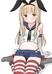 Rule 34 | 1girl, black neckerchief, black panties, blonde hair, blue sailor collar, blue skirt, blunt bangs, blush, breasts, commentary, cosplay, elbow gloves, gloves, green eyes, highleg, highleg panties, highres, kantai collection, long hair, looking at viewer, miniskirt, neckerchief, panties, poipoi purin, rudder footwear, sailor collar, shimakaze (kancolle), shimakaze (kancolle) (cosplay), simple background, sitting, skirt, sleeveless, small breasts, solo, striped clothes, striped thighhighs, thighhighs, underwear, white background, white gloves, yuudachi (kancolle)