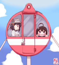 Rule 34 | 2girls, :3, against glass, aged down, alternate costume, black hair, blue eyes, blue sky, blush stickers, braid, brown hat, cheek squash, cloud, commentary request, dated, day, ferris wheel, gradient background, hair ornament, hair over shoulder, hat, highres, kanon (kurogane knights), kantai collection, multiple girls, outdoors, red eyes, riding, shigure (kancolle), short hair, single braid, sky, smile, split mouth, upper body, yamashiro (kancolle)