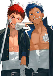 Rule 34 | 2boys, abs, absurdres, aged down, aomine daiki, bandage on face, bandages, bandaid, bandaid on navel, belt, bishounen, black jacket, blue eyes, blue hair, buttons, carrying pole, collared jacket, hand to own mouth, highres, jacket, kagami taiga, kuroko no basuke, light smile, looking at viewer, male focus, mirin (coene65), multiple boys, open clothes, open jacket, parted lips, red eyes, red hair, simple background, teeth, white background