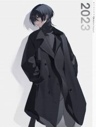 Rule 34 | 1boy, 2023, alternate costume, artist name, black coat, black hair, black pants, blunt ends, buttons, coat, collared coat, copyright name, earrings, genshin impact, grey sweater, hair between eyes, hands in pockets, highres, jewelry, long sleeves, looking to the side, male focus, no headwear, open mouth, pants, pocket, purple eyes, scaramouche (genshin impact), shadow, short hair, simple background, smile, solo, standing, sweater, teeth, tongue, turtleneck, turtleneck sweater, vidoakdame, white background, wide sleeves, wing collar