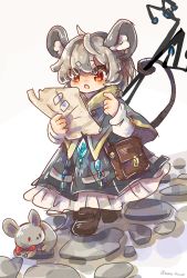 Rule 34 | 1girl, animal ear fluff, animal ears, black footwear, blush, capelet, cobblestone, commentary request, crystal, dowsing rod, dress, full body, grey capelet, grey dress, grey hair, highres, long sleeves, mame komari, mouse (animal), mouse ears, mouse girl, mouse tail, nazrin, one-hour drawing challenge, open mouth, pouch, red eyes, shirt, shoes, short hair, solo, tail, thick eyebrows, touhou, walking, white shirt