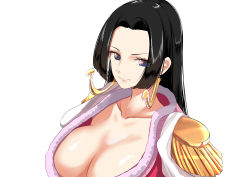 Rule 34 | &gt;:), 1girl, absurdres, black hair, blue eyes, boa hancock, breasts, cleavage, collarbone, commentary request, earrings, epaulettes, closed eyes, forehead, highres, jewelry, large breasts, long hair, looking at viewer, no bra, one piece, schreibe shura, serious, simple background, smile, snake earrings, solo, straight hair, upper body, v-shaped eyebrows, white background