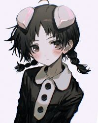 Rule 34 | 1girl, absurdres, ahoge, akita (akitaland gothic), akitaland gothic, arms at sides, black hair, black shirt, blush, braid, brown eyes, buttons, closed mouth, collared shirt, expressionless, head tilt, highres, horns, long sleeves, looking at viewer, medium hair, parted bangs, shirt, simple background, solo, torichikushou, twin braids, upper body, white background