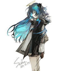 Rule 34 | 1girl, arknights, black jacket, blue eyes, blue hair, brown gloves, chinese commentary, closed mouth, commentary request, cowboy shot, cui (jidanhaidaitang), dated, demon horns, dress, expressionless, floating hair, from side, fur-trimmed jacket, fur trim, gloves, hair between eyes, halo, highres, holding, horns, jacket, long hair, long sleeves, looking at viewer, mostima (arknights), open clothes, open jacket, profile, sideways glance, sign, simple background, solo, very long hair, white background, white dress