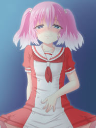 Rule 34 | 1girl, absurdres, arm behind back, blue background, blue eyes, blush, closed mouth, dress, female focus, fumitsunenaro, hand on own stomach, highres, hiiragi nana, implied sex, lips, looking at viewer, munou na nana, pink hair, pov, sailor collar, sailor dress, saliva, school uniform, simple background, solo, spread legs, straddling, twintails
