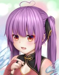Rule 34 | 1girl, ahoge, aki99, bare shoulders, black ribbon, bridal gauntlets, chucolala, commentary, eyes visible through hair, fang, hair ribbon, hand on own chest, heart, heart ahoge, long hair, looking at viewer, open mouth, otome oto, portrait, purple hair, red eyes, ribbon, skin fang, solo, twintails, virtual youtuber, water