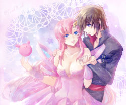 Rule 34 | 1boy, 1girl, :d, blue eyes, breasts, brown hair, cleavage, collarbone, couple, detached sleeves, dress, eye contact, floating hair, gundam, gundam seed, gundam seed destiny, hand on another&#039;s shoulder, haro, holding hands, kira yamato, lacus clyne, long hair, looking at another, looking at viewer, medium breasts, open mouth, pink dress, pink hair, pink sleeves, purple eyes, short sleeves, sleeveless, sleeveless dress, smile, standing, star (symbol), strapless, strapless dress, very long hair, yuuka seisen
