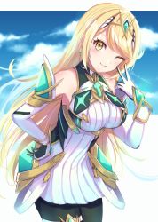 Rule 34 | 1girl, bare shoulders, black pantyhose, blonde hair, breasts, chest jewel, dress, earrings, elbow gloves, gloves, highres, jewelry, large breasts, long hair, mythra (massive melee) (xenoblade), mythra (xenoblade), norimaki (nrmk norinori), pantyhose, short dress, solo, swept bangs, thigh strap, tiara, very long hair, white dress, white gloves, xenoblade chronicles (series), xenoblade chronicles 2, yellow eyes