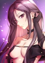 Rule 34 | 1girl, adjusting hair, bare shoulders, black choker, black dress, breasts, brown eyes, brown hair, center opening, choker, cleavage, closed mouth, collarbone, commentary request, dress, ear piercing, earrings, fate/grand order, fate (series), jewelry, long hair, looking at viewer, medium breasts, multiple earrings, nina (pastime), piercing, pinstripe pattern, purple background, revealing clothes, ribbon-trimmed dress, solo, strapless, strapless dress, striped, upper body, very long hair, yu mei-ren (fate)