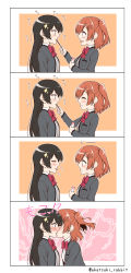 Rule 34 | 10s, 2girls, 4koma, aijou karen, akatsuki rabbit, angry, arm at side, black eyes, black hair, blue eyes, blush, bow, bowtie, breast pocket, brown hair, closed mouth, comic, commentary request, couple, crown hair ornament, eating, eye contact, closed eyes, feeding, female focus, food, from side, hand up, happy, highres, kagura hikari, kiss, long hair, long sleeves, looking at another, multiple girls, neck, nose blush, open mouth, orange background, pink background, pocket, pocky, pocky day, pocky kiss, red neckwear, school uniform, seishou music academy uniform, serious, shared food, short hair, shoujo kageki revue starlight, silent comic, smile, sound effects, sparkle hair ornament, surprised, twitter username, two side up, upper body, yuri