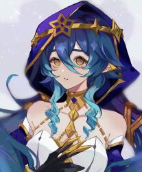 Rule 34 | 1girl, blue hair, blue hood, brown eyes, detached sleeves, ear ornament, genshin impact, gradient hair, halterneck, highres, hood, hood up, layla (genshin impact), long hair, mayu mey, multicolored hair, parted lips, pointy ears, shirt, simple background, solo, sparkle, upper body, white background, white shirt