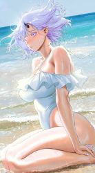 Rule 34 | 1girl, bare shoulders, beach, black horns, blue sky, breasts, cleavage, collarbone, fingernails, frills, glint, highres, horns, light purple hair, medium hair, nail polish, ocean, off shoulder, one-piece swimsuit, original, outdoors, parted lips, pointy ears, purple eyes, purple hair, single horn, sitting, sky, solo, swimsuit, water, wet, white nails, white one-piece swimsuit, zkstxxx