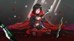 Rule 34 | 1girl, black hair, cloak, commentary, frills, grey eyes, highres, holding, holding sword, holding weapon, kneeling, leaf, long sleeves, looking at viewer, multicolored hair, pantyhose, red hair, red skirt, ruby rose, rwby, short hair, skirt, solo, sword, wangxiii, weapon