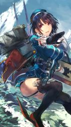 Rule 34 | 1girl, absurdres, beret, black gloves, black hair, black thighhighs, blue hat, blue jacket, blue skirt, breasts, cannon, fukazaki, garter straps, gloves, hat, highres, huge filesize, jacket, kantai collection, large breasts, machinery, military, military uniform, miniskirt, ocean, open mouth, outdoors, red eyes, rigging, short hair, skirt, smokestack, solo, standing, standing on liquid, takao (kancolle), thighhighs, turret, uniform