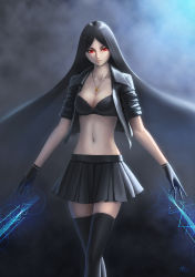 Rule 34 | 1girl, absurdres, black gloves, black hair, black thighhighs, bra, breasts, bustier, cleavage, collarbone, cropped jacket, darkmuleth, expressionless, gloves, gradient background, highres, jacket, jewelry, long hair, looking at viewer, magic, medium breasts, navel, necklace, open clothes, open jacket, original, pendant, pleated skirt, red eyes, skindentation, skirt, solo, thighhighs, underwear, very long hair, zettai ryouiki
