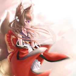 Rule 34 | 1girl, amagi-chan (azur lane), animal ears, azur lane, blunt bangs, blurry, brown hair, collarbone, commentary, depth of field, eyeshadow, fox ears, fox girl, fox tail, from side, hair ornament, highres, japanese clothes, kitsune, kyuubi, long hair, long sleeves, looking afar, makeup, multiple tails, purple eyes, rope, shimenawa, sidelocks, solo, symbol-only commentary, tail, thick eyebrows, twintails, wide sleeves, wind, xxxxxg