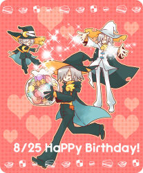 Rule 34 | 3boys, aged down, aged up, blush, ca81127, candy, cape, closed eyes, cookie, crescent, food, full body, green cape, green footwear, green headwear, happy birthday, hat, heart, lemres (puyopuyo), multiple boys, multiple persona, pink background, puyopuyo, time paradox, tongue, tongue out, wand, wizard hat
