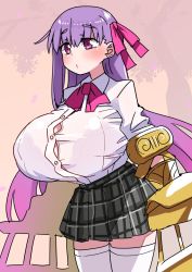 Rule 34 | 1girl, akitokage, blush, breasts, bursting breasts, claw (weapon), fate (series), hair ribbon, highres, huge breasts, long hair, passionlip (fate), purple eyes, purple hair, ribbon, skirt, solo, thighhighs, very long hair, weapon