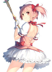 Rule 34 | 10s, 1girl, back, backless outfit, blush, bow, bubble skirt, clothing cutout, gloves, hair bow, heart, heart cutout, highres, kaname madoka, looking at viewer, looking back, magical girl, mahou shoujo madoka magica, parsley-f, pink eyes, pink hair, short twintails, simple background, skirt, solo, twintails, white background, white gloves