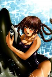 Rule 34 | 1girl, blush, breasts, brown eyes, brown hair, cleavage, dead or alive, hair rings, inflatable toy, inflatable whale, large breasts, lei fang, lens flare, one-piece swimsuit, riding, solo, sparkle, swimsuit, tecmo, water