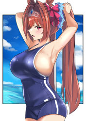 Rule 34 | 1girl, animal ears, armpits, blue gemstone, blue one-piece swimsuit, blush, bow, breasts, brown hair, competition school swimsuit, daiwa scarlet (umamusume), fang, gem, hair between eyes, hair intakes, half-closed eyes, horse ears, horse girl, large breasts, long hair, looking at viewer, mitche, ocean, one-piece swimsuit, open mouth, outside border, profile, red eyes, school swimsuit, scowl, sideboob, skin fang, sky, solo, swimsuit, tiara, twintails, tying hair, umamusume, very long hair