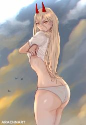 Rule 34 | 1girl, arachnart, ass, back, blonde hair, breasts, butt crack, chainsaw man, cloud, cloudy sky, highres, horns, long hair, panties, power (chainsaw man), shirt, sky, small breasts, solo, tagme, underwear, wedgie, yellow eyes