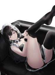Rule 34 | 1girl, absurdres, ass, bad id, bad pixiv id, bare arms, bare shoulders, black dress, black eyes, black hair, black panties, black thighhighs, couch, detached collar, dress, frilled dress, frills, highres, jenmin12, legs up, long hair, looking at viewer, lying, maid, maid headdress, nail polish, no shoes, on back, on couch, original, panties, short dress, sleeveless, sleeveless dress, smile, solo, thighhighs, thighs, underwear, wrist cuffs