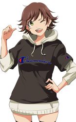 Rule 34 | 10s, 1girl, 71, brown hair, clothes writing, honda mio, hood, hoodie, idolmaster, idolmaster cinderella girls, one eye closed, product placement, short hair, simple background, smile, solo