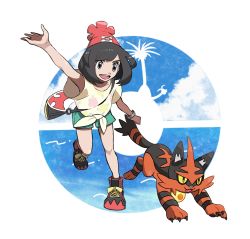 Rule 34 | 1girl, alolan exeggutor, alolan form, arm up, bag, beanie, bracelet, clenched hand, cloud, collarbone, creatures (company), floral print, game freak, gen 7 pokemon, green shorts, hat, highres, jewelry, knees, kokesa kerokero, leg up, nintendo, open mouth, pokemon, pokemon (creature), pokemon sm, red headwear, selene (pokemon), shirt, shoes, short shorts, short sleeves, shorts, shoulder bag, silhouette, sky, smile, sneakers, standing, standing on one leg, t-shirt, teeth, tied shirt, tongue, torracat, upper teeth only, z-ring