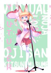 Rule 34 | 1girl, absurdres, animal ears, arm up, armpits, bad id, bad pixiv id, bell, blonde hair, blue eyes, cha tanaka kurowa, detached sleeves, fangs, fox ears, fox shadow puppet, hair ornament, hairclip, highres, jingle bell, kemomimi oukoku kokuei housou, leg lift, long hair, microphone, microphone stand, mikoko (kemomimi oukoku kokuei housou), miniskirt, open mouth, pink shirt, red skirt, sandals, shirt, skirt, smile, solo, standing, standing on one leg, thighhighs, twintails, virtual youtuber, white thighhighs
