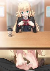 Rule 34 | 1girl, absurdres, artoria caster (fate), artoria pendragon (fate), barefoot, besmiled, blonde hair, blush, coffee cup, cup, disposable cup, fate/grand order, fate (series), feet, green eyes, highres, index fingers together, loafers, long hair, looking at viewer, open mouth, shoes, soles, steam, sweat, toes, under table, unworn shoes