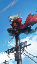 Rule 34 | 1girl, absurdres, animal ears, arknights, black pants, blue sky, day, franlol, glint, grey hair, highres, holding, holding knife, jacket, knife, long hair, outdoors, pants, power lines, projekt red (arknights), red jacket, sky, solo, squatting, tail, utility pole, v-shaped eyebrows, wind, wolf ears, wolf girl, wolf tail, yellow eyes