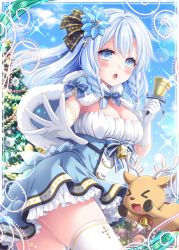 Rule 34 | 1girl, :o, bell, blue dress, blue eyes, blue hair, blue ribbon, blue sky, braid, christmas, christmas tree, collaboration, cross, cross necklace, dress, euclase (falkyrie no monshou), falkyrie no monshou, frilled dress, frills, gloves, jewelry, looking at viewer, necklace, official art, reindeer, ribbon, shinkai no valkyrie, sky, stardrop, thighhighs, twin braids, white gloves