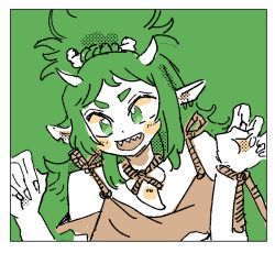 Rule 34 | 1girl, artist request, cavewoman, female focus, food, green eyes, green hair, hair up, horns, jewelry, looking at viewer, meat (virtual youtuber), necklace, pointy ears, primitive, sharp teeth, simple background, smile, teeth, virtual youtuber